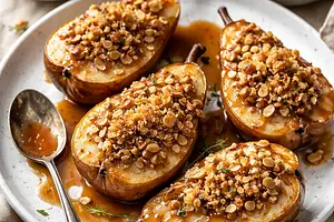 Baked Pears with Almond Crumble and Honey-Caramel Sauce