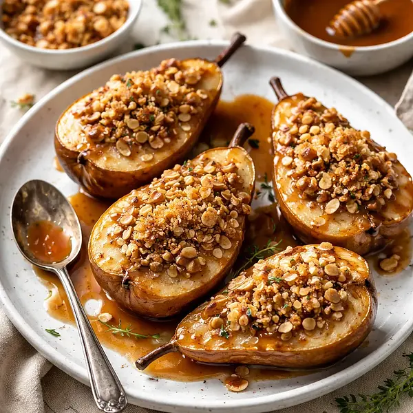 Gruszki pieczone pod migdałową kruszonką z sosem miodowo-karmelowym