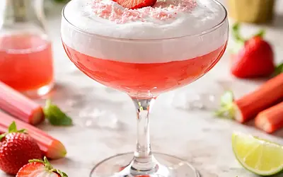 Spring Rhubarb-Strawberry Cocktail with Fluffy Egg White Foam