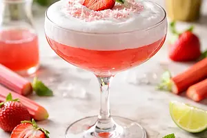 Spring Rhubarb-Strawberry Cocktail with Fluffy Egg White Foam