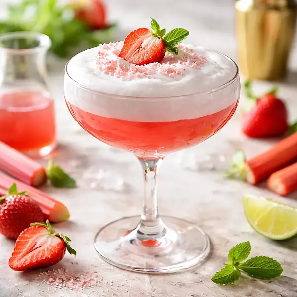 Wiosenny koktajl rabarbarowo‑truskawkowy z puszystą pianą z białek