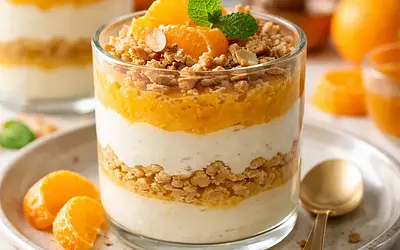 Layered winter dessert: ricotta cream with honey, tangerine mousse, and almond-oat crumble