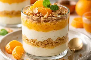 Layered winter dessert: ricotta cream with honey, tangerine mousse, and almond-oat crumble