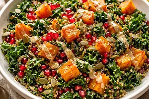 Fusion salad with roasted butternut squash, kale, quinoa, and pomegranate with miso-lemon dressing