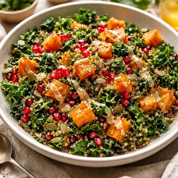 Sałatka fusion z pieczoną dynią piżmową, jarmużem, komosą i granatem z dressingiem miso-cytrynowym