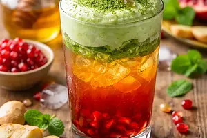 Seasonal Fusion Cocktail: Layered Tea-Pomegranate Drink with Matcha Foam and Ginger-Honey Syrup