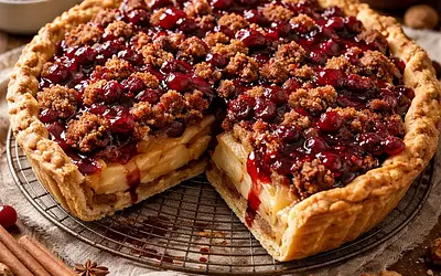 Traditional apple pie with gingerbread crumble and cranberry sauce