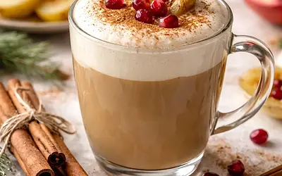Winter latte with roasted pear and pomegranate topped with cinnamon foam