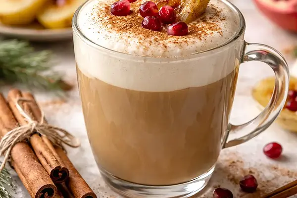 Zimowe latte z pieczonej gruszki i granatu z cynamonową pianką