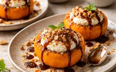 Baked mandarins with ricotta cream, almond crumble, and chocolate-caramel sauce