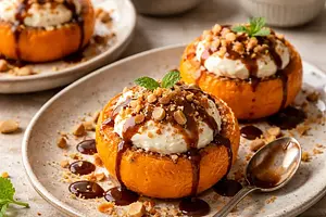 Baked mandarins with ricotta cream, almond crumble, and chocolate-caramel sauce