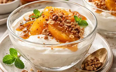 Quick Ricotta Mousse with Caramelized Oranges and Almond Crumble