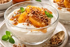 Quick Ricotta Mousse with Caramelized Oranges and Almond Crumble