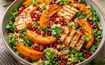 Sałatka fusion z pieczoną dynią, kaszą perłową, halloumi i granatem