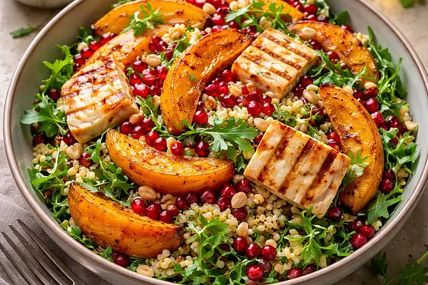 Sałatka fusion z pieczoną dynią, kaszą perłową, halloumi i granatem