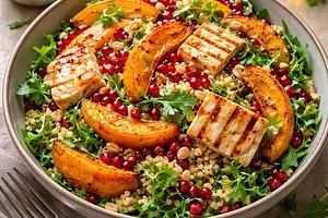 Sałatka fusion z pieczoną dynią, kaszą perłową, halloumi i granatem