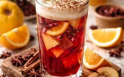 Tradycyjny zimowy napój z pigwy, pomarańczy i hibiskusa z cynamonową pianą