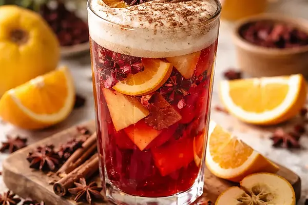 Tradycyjny zimowy napój z pigwy, pomarańczy i hibiskusa z cynamonową pianą