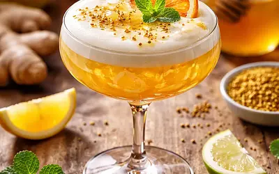 Shiny citrus-ginger cocktail with honey-protein foam