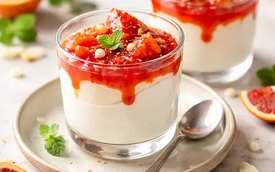 Modern cups with ricotta and white chocolate mousse, red orange gel, and pomegranate sauce