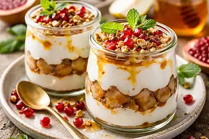 Quick Layered Yogurt-Pear Desserts with Pomegranate and Caramelized Honey