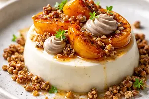 Yuzu panna cotta z pieczonym kaki, kremem kasztanowym i kruszonką gryczaną (fusion)