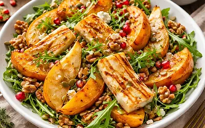 Seasonal salad with roasted pumpkin, pear, and halloumi