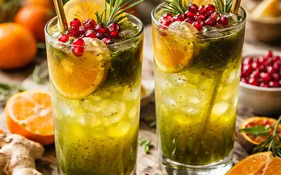 Winter tangerine-pomegranate cocktail with ginger and matcha (fusion)