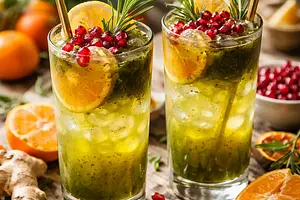 Winter tangerine-pomegranate cocktail with ginger and matcha (fusion)