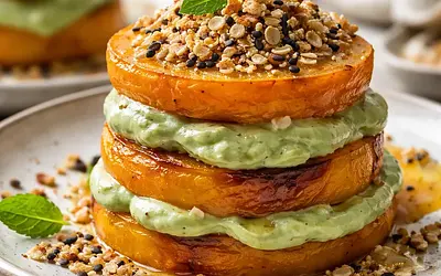 Layered fusion dessert: baked persimmons with matcha cream and sesame-almond crumble