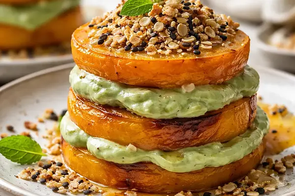 Warstwowy deser fusion: pieczone kaki z kremem matcha i kruszonką sezamowo-migdałową
