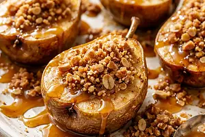 Baked pears in honey-spice glaze with almond crumble and caramel sauce