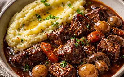 Zimowy gulasz wołowy duszony w ciemnym piwie z kremowym puree z selera i ziemniaków