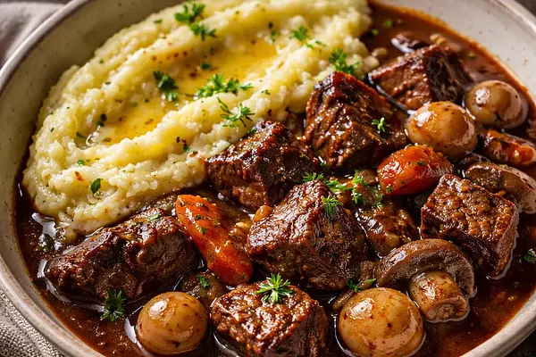 Zimowy gulasz wołowy duszony w ciemnym piwie z kremowym puree z selera i ziemniaków