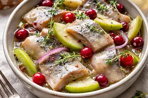 Kashubian herring in cider marinade with apple and cranberry (quick version)