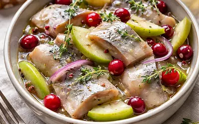 Kashubian herring in cider marinade with apple and cranberry (quick version)