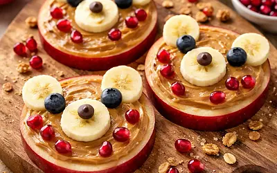 Apple Bears with Peanut Butter and Pomegranate Seeds