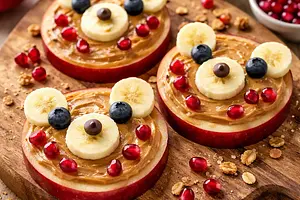 Apple Bears with Peanut Butter and Pomegranate Seeds