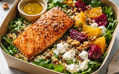 Elegant takeout salad: roasted beets, quinoa, and salmon with goat cheese