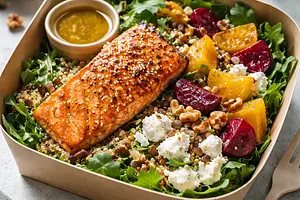 Elegant takeout salad: roasted beets, quinoa, and salmon with goat cheese