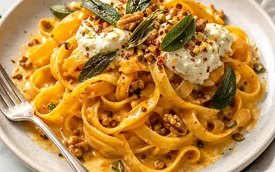 Nowoczesne tagliatelle z kremem z pieczonej dyni piżmowej, mascarpone, szałwią i chrupiącymi orzechami