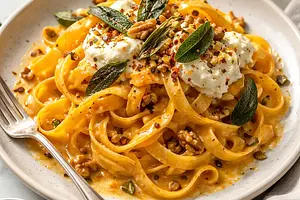 Modern tagliatelle with roasted butternut squash cream, mascarpone, sage, and crunchy nuts
