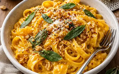 Tagliatelle with creamy butternut squash, sage, and toasted nuts
