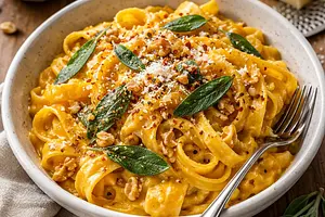 Tagliatelle z kremową dynią piżmową, szałwią i prażonymi orzechami