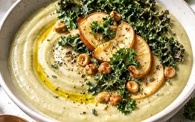 Modern roasted celery root cream with apple and kale chips