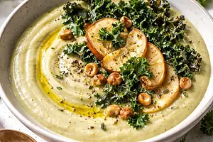 Modern roasted celery root cream with apple and kale chips