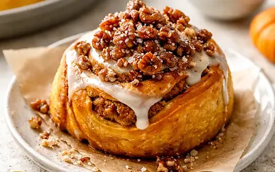 Modern cardamom-pumpkin roll with crunchy pecan praline