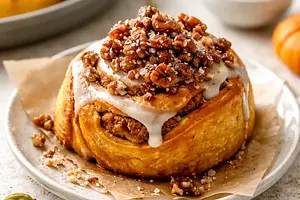 Modern cardamom-pumpkin roll with crunchy pecan praline
