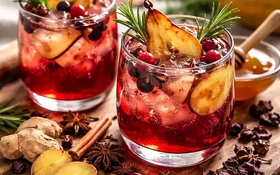 Winter drink with roasted pear, hibiscus, and ginger (vegetarian)