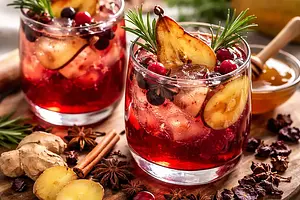 Winter drink with roasted pear, hibiscus, and ginger (vegetarian)